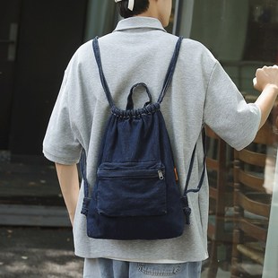 日系帆布双肩包男款束口抽绳牛仔布背包轻便休闲登山包女学生书包