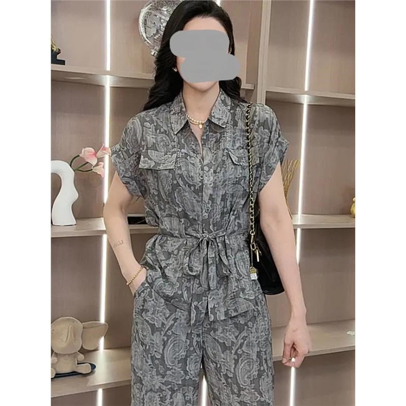 衬衣阔腿裤套装女士2025夏季新款时尚洋气减龄妈妈气质.宽松两件
