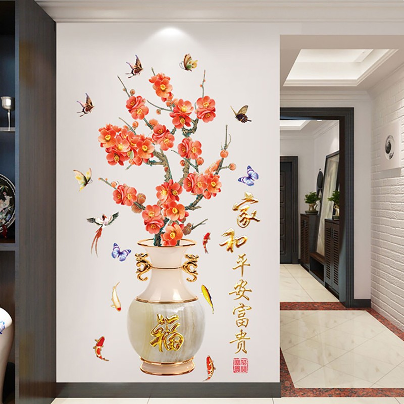 中国风花瓶3d立体墙贴画客厅背景墙壁纸墙纸自粘卧室装饰荷花贴纸图片