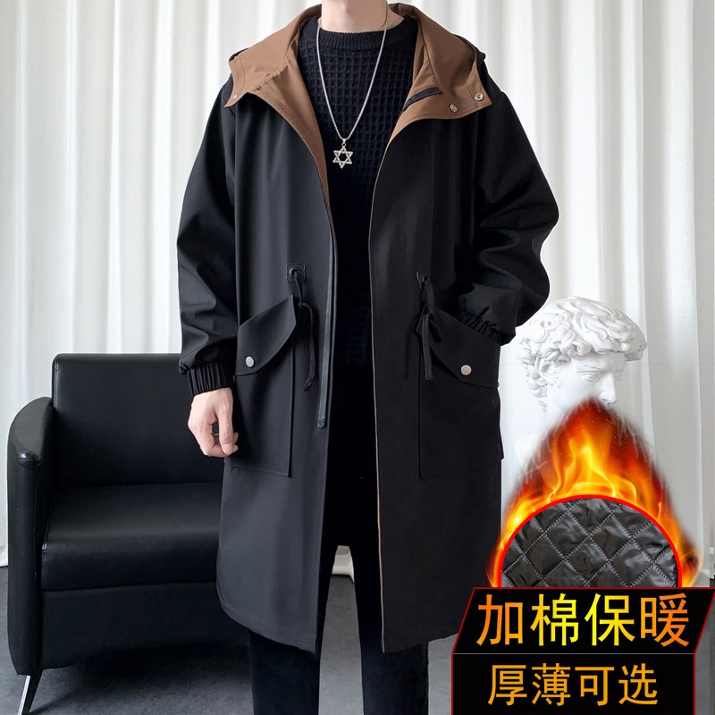 英伦中长款风衣男生秋冬加绒加厚春秋款连帽韩系大衣大码夹克外套