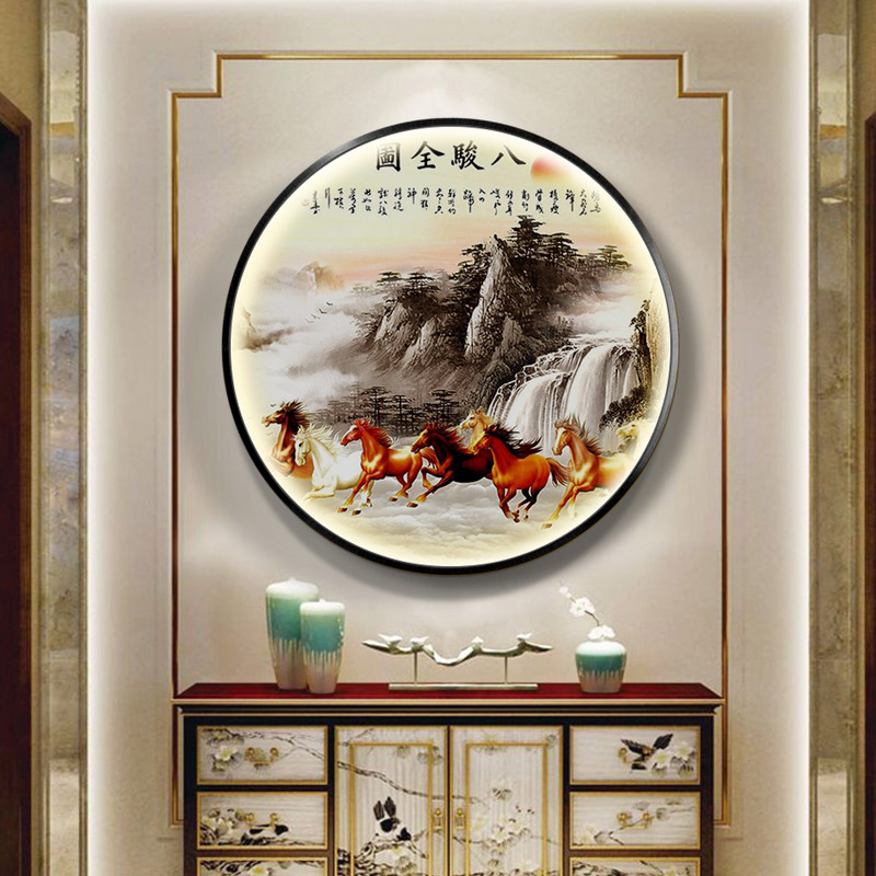 八骏图挂画圆形装饰画八匹骏马办公室带灯壁画客厅玄关马到成功图片