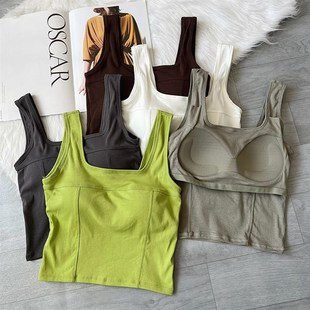 背心女款夏纯棉外穿打底白色带胸垫一体吊带内搭无袖t恤修身方领