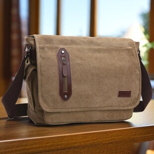 男款帆布单肩包男士斜挎包休闲男包男式学生书包横款背包男通勤包