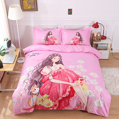 公主粉色a红可爱卡通儿童床上用品床单被套四件套男孩女孩三件套