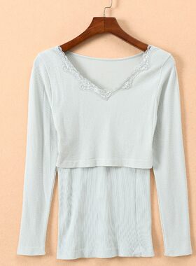 孕妇秋衣产后哺乳上衣月子服秋冬保暖内衣收腹秋衣U喂奶衣单件上