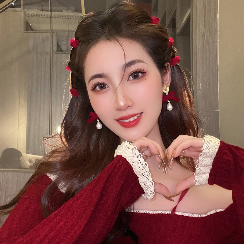 酒红色爱心刘海夹小抓夹女新年侧边发卡迷你夹子头饰发夹小号新款