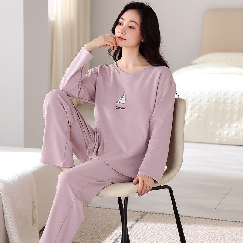 带胸垫睡衣女春秋款长袖套头家居服秋季女款休闲外穿全棉套装