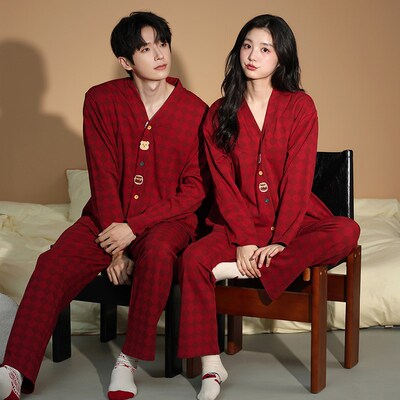 春秋季情侣睡衣长袖结婚新婚喜庆本命年男家居服套装女带胸垫