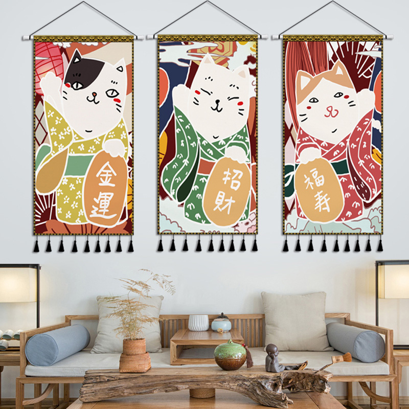 日式挂布招财猫布艺挂画居酒屋排苏挂毯客厅玄关装饰画墙布挂布图片