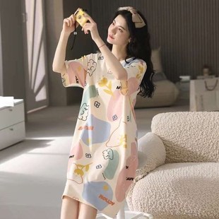 睡衣学生女夏带过膝卡通公主休闲可爱胸垫长款睡裙甜美孕妇日系女