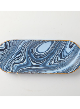 现代家居书房桌面饰品灰金陶瓷罐笔筒托盘摆件样板房青花水纹果盘