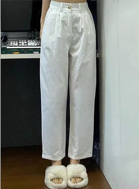 白色高腰九分工装裤女小矮个子韩版小众宽松百搭休闲八分直筒裤子