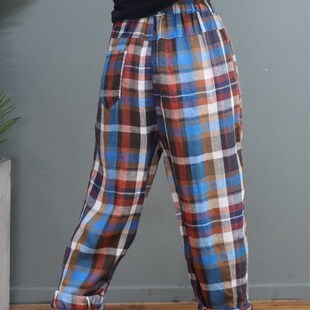 宽松百搭松紧腰显瘦萝卜裤 新款 女2021夏季 复古格子棉麻哈伦休闲裤