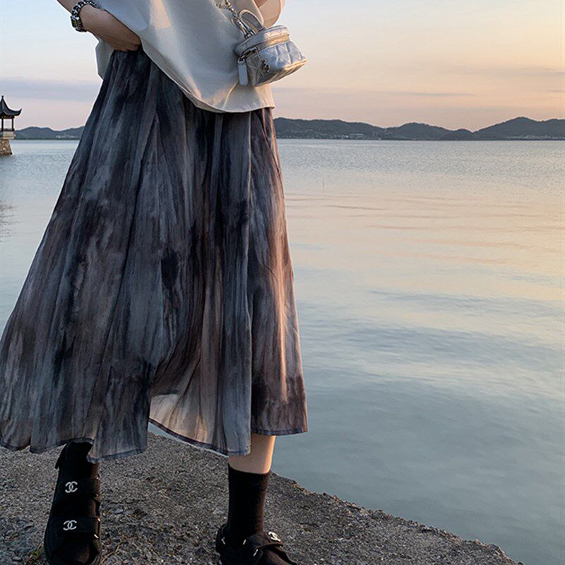 韩国扎染半身裙女夏季2023新款高腰雪纺鱼尾裙中长款a字裙子伞裙