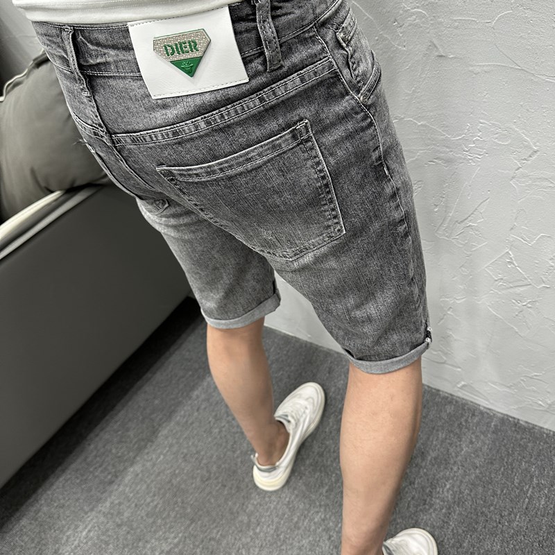 潮牌高端品质黑灰色牛仔短裤男士夏季新款破洞补丁修身百搭五分裤
