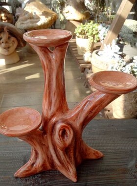 外贸出口样品低温陶瓷彩绘仿树根花盆托架家居装饰烛台摆件工艺品