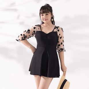 夏季新款大码女士泳衣保守连体裙式胖mm遮肉显瘦长袖防晒温泉泳装