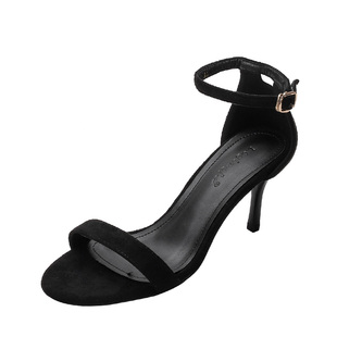 新款 女细跟3cm中跟5厘米圆头一字扣带2023年春夏季 绒面凉鞋 高跟鞋