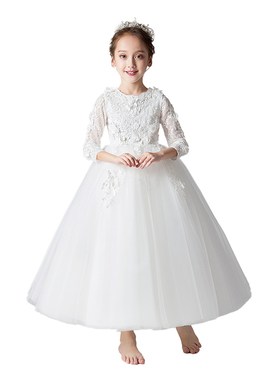 儿童礼服公主裙女童白色长袖花童婚E纱小主持人钢琴演出服表演洋