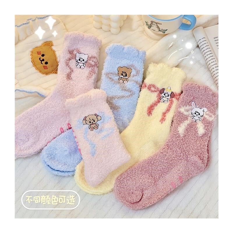 花边睡眠袜可爱冬季保暖中筒袜学生儿童小孩卡通毛绒袜子地板袜女