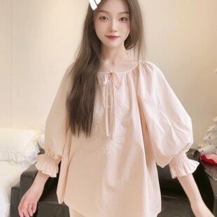 2024春夏季甜美睡衣女七分袖长裤日韩公主风透气家居服套装