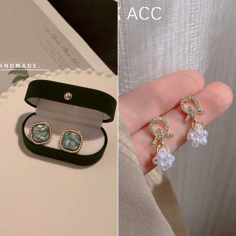 小众高货白贝壳碎片方块耳钉复古绿港风简约方形宝石耳环小众设计