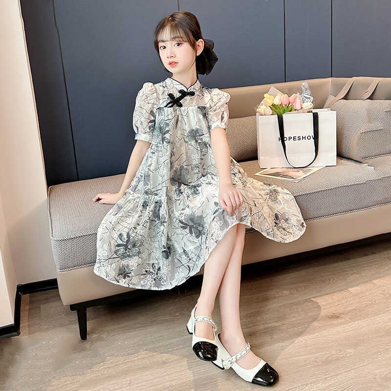 韩国女童夏季连衣裙2024洋气儿童中国风旗袍公主裙女大童汉服裙子
