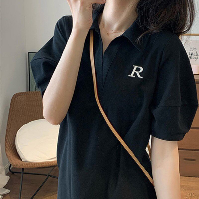 潮牌黑色polo领短袖t恤裙女夏新款休闲运动直筒小个子宽松连衣裙