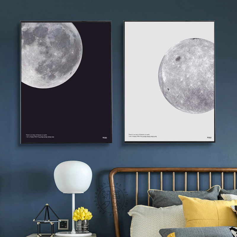 北欧装饰画星球挂画玄p关入户现代简约太空组画行星黑白色月球地