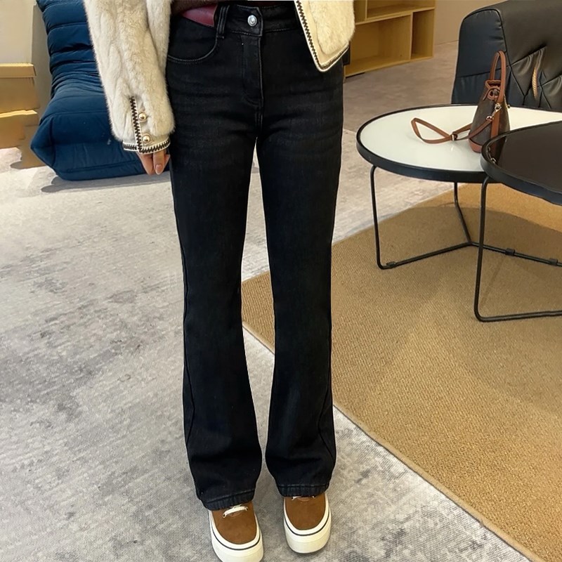 黑色微喇牛仔裤女春季新款大码胖妹妹mm高腰遮胯显瘦弹力直筒裤子