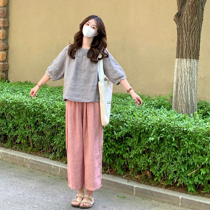 小个子穿搭一整套轻奢高级感休闲小香风棉麻衬衫休闲裤套装女夏装