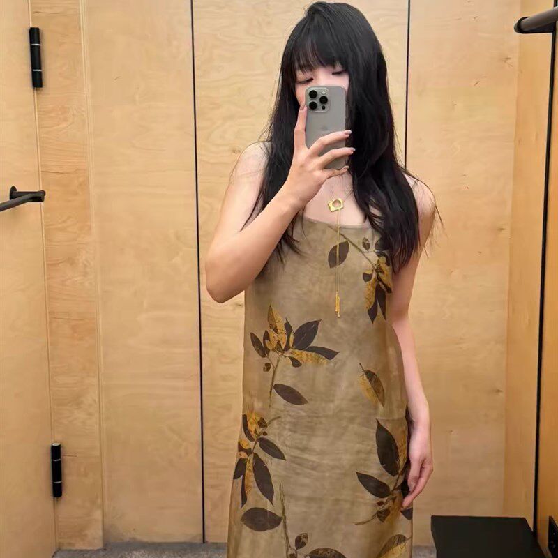 新中式风树叶花卉龙纹印花仿铜氨丝长款吊带背心无袖中长款连衣裙