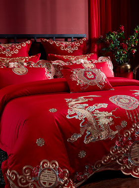 高档奢华160支长绒棉婚t庆四件套大红色纯棉龙凤被罩结婚床上用品