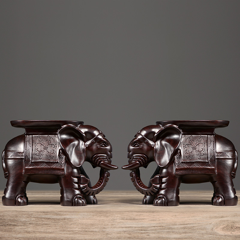 速发黑檀木雕大象摆件实木换鞋凳客厅象墩凳红木象凳中式装饰工艺