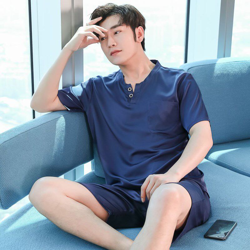 男士睡衣夏季f真丝短袖短裤夏天薄款冰丝绸套头休闲家居服套装