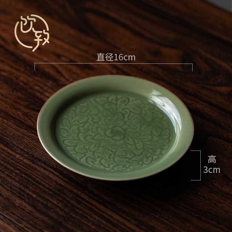 中式越窑青瓷壶承复古禅意干泡盘陶瓷茶具Q托盘高足茶点盘果盘