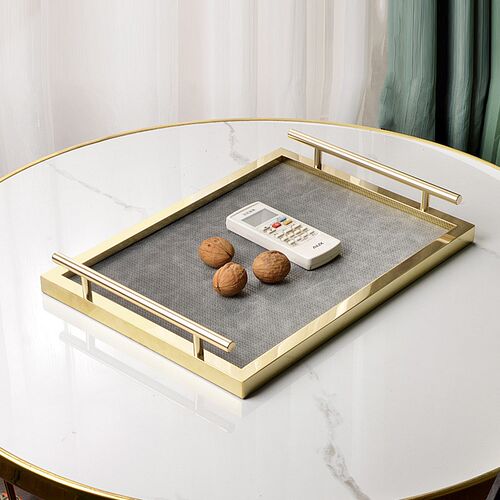 皮革收纳托盘米色长方形轻奢现代高级感香L薰饰品不锈钢金属置物