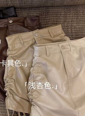女童2023春装新款抽绳pu皮半身裙松紧高腰抽绳褶皱包臀短裙绑带裙