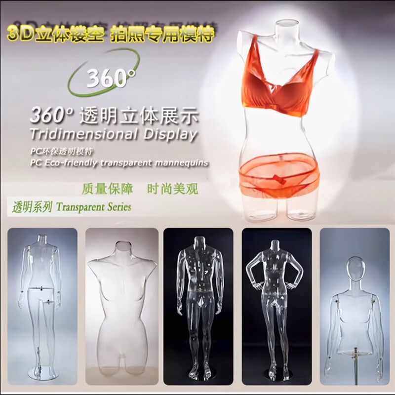 新款透明假模特 3D立体拍照男女全半身道具方形底座 内衣裤胸臀模