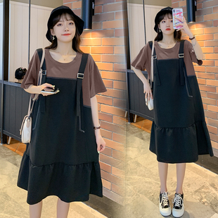 大码孕妇连衣裙夏长款女宽松背带裙洋气潮妈假两件减龄显瘦200斤