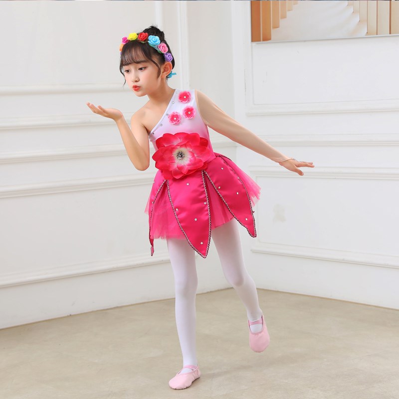现货女童玉兰花开舞蹈服儿童公y主玫红色篷篷裙幼儿莞邑玉兰香演