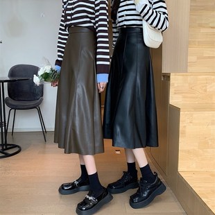 A字大摆裙垂感百褶伞裙子 高腰PU皮裙半身A裙女中长款 2022秋季 大码