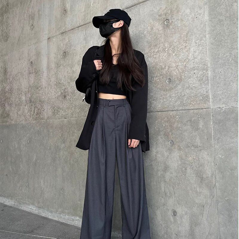 2024夏季新款灰m色西装裤女高腰垂感薄款阔腿裤直筒休闲复古拖地