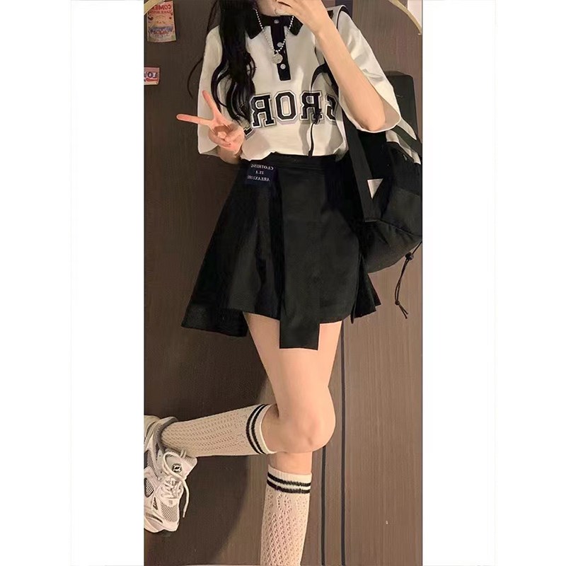 现货运动服百褶短裙套装少女夏装2024新款初中高中学生polo领连衣