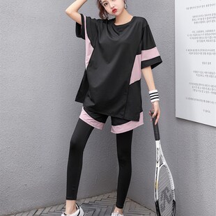 速干羽毛球服女大码宽松胖MM跑步衣短袖健身房显瘦长袖运动套装女