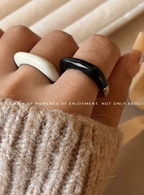 豆豆同款金属白色珐琅拼接金属戒指 ins小众简约正方形轻奢指环戒