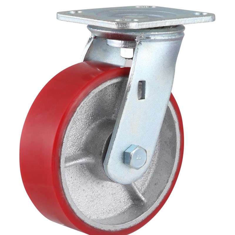 5寸红色重型铁芯PU聚氨酯脚轮4B寸6寸8寸万向轮静音轮边刹脚轮推