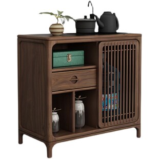 新中式黑胡桃木茶水柜茶边几下置水桶储物柜实木小型茶水台餐边柜