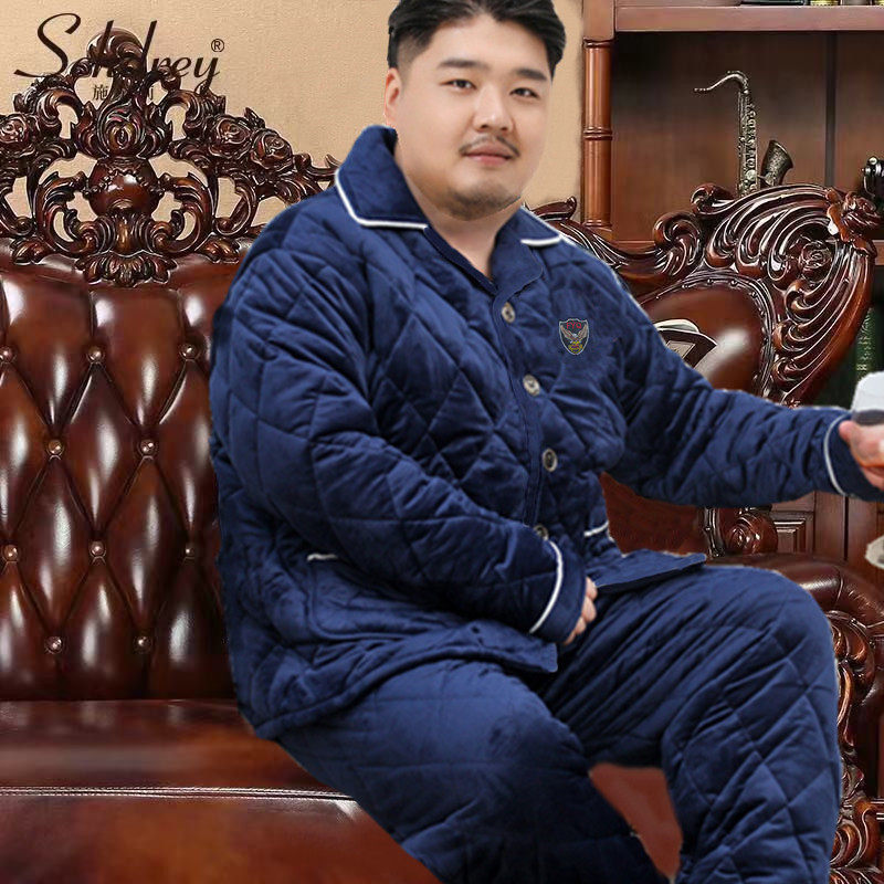 大号胖哥冬季睡衣肥胖男士加大码三层加厚套装中老加肥宽松家居服