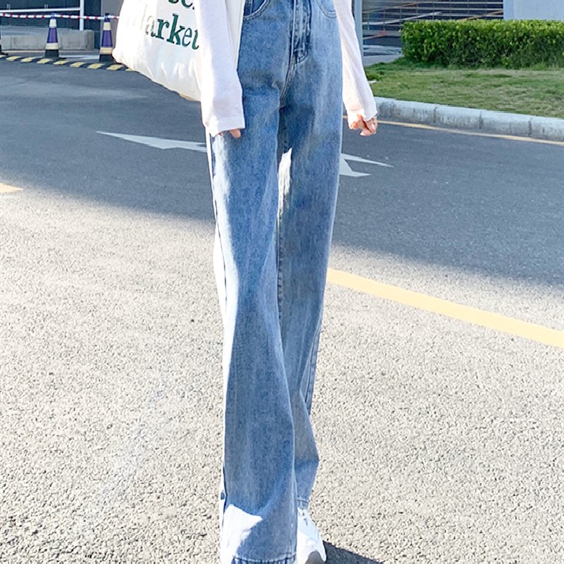 秋冬浅蓝色窄版阔腿裤女牛仔裤高腰高个子拖地直筒女加长裤无弹